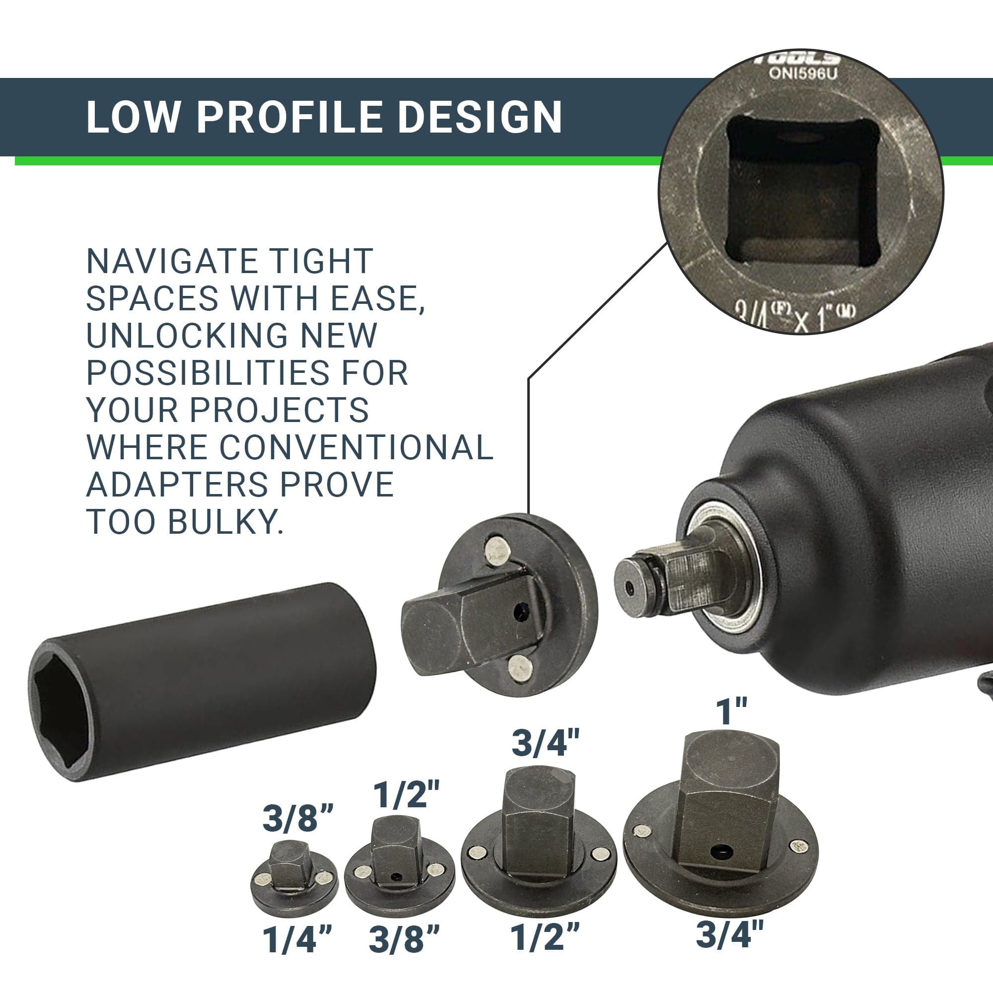 thumbnail image 2 of ONI TOOLS LOW PROFILE IMPACT SOCKET ADAPTER SET (SET OF 3 PCS 2 of 10