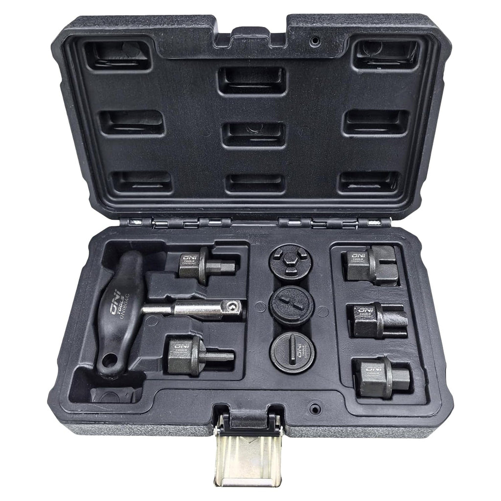Oil Drain Plug Removal Kit 9pc T-Handle + 8 Adapters for GM Ford VW Audi BMW Mercedes Chrysler Lincoln Alt