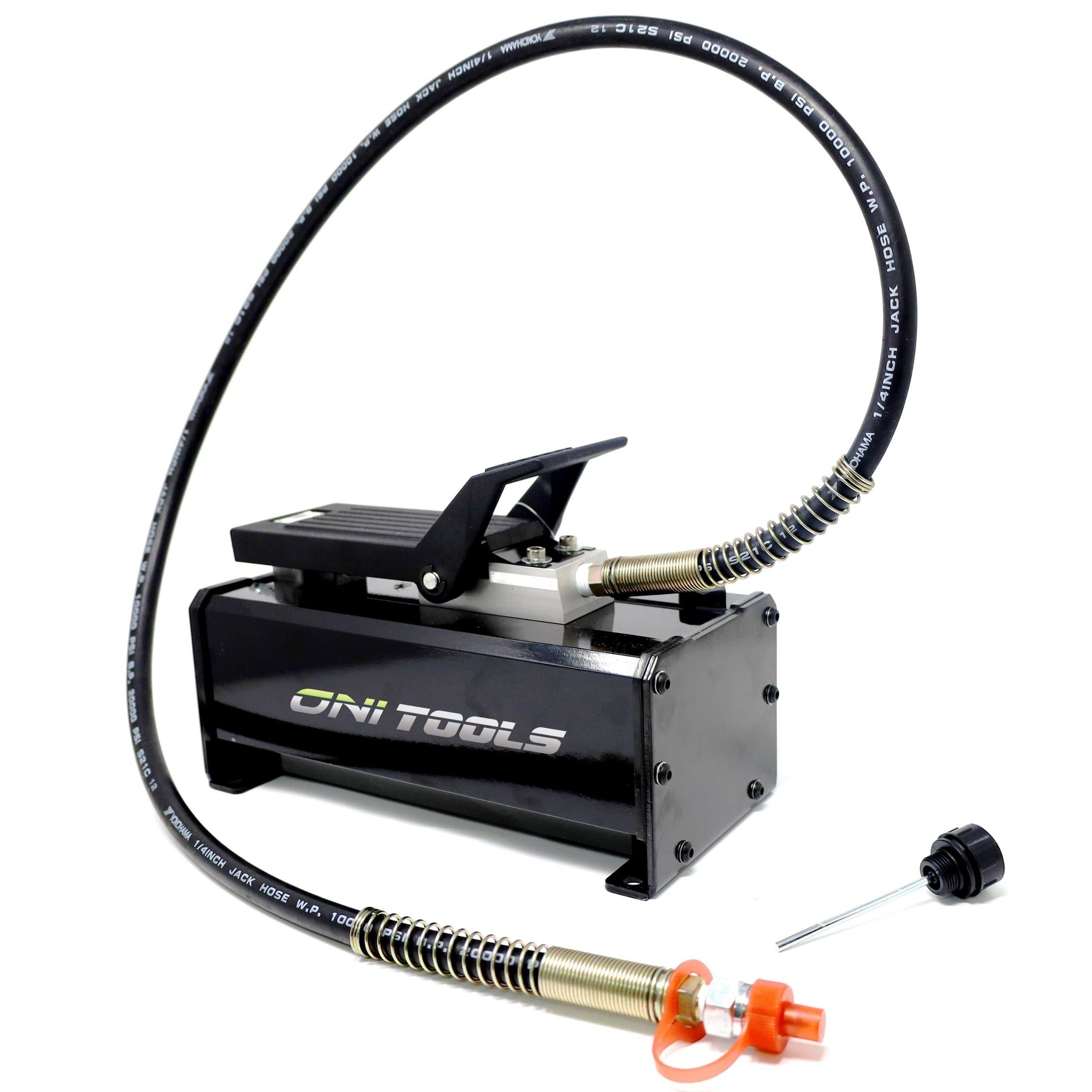 Oni Tools Air Hydraulic Pump 10000 PSI 1800 CC Oil Capacity Foot Operated with Hose & 3/8 Fitting Adapter